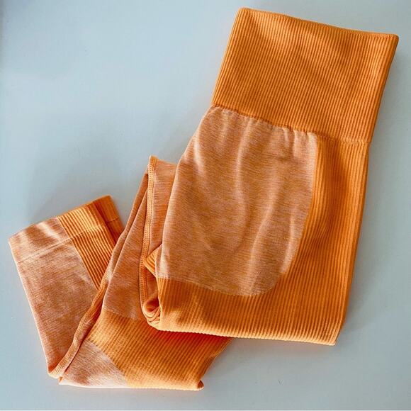 NEW Neon Orange Gold Colorblock Stripe Cutout Ribbed Knit High Rise Leggings L - Picture 4 of 13